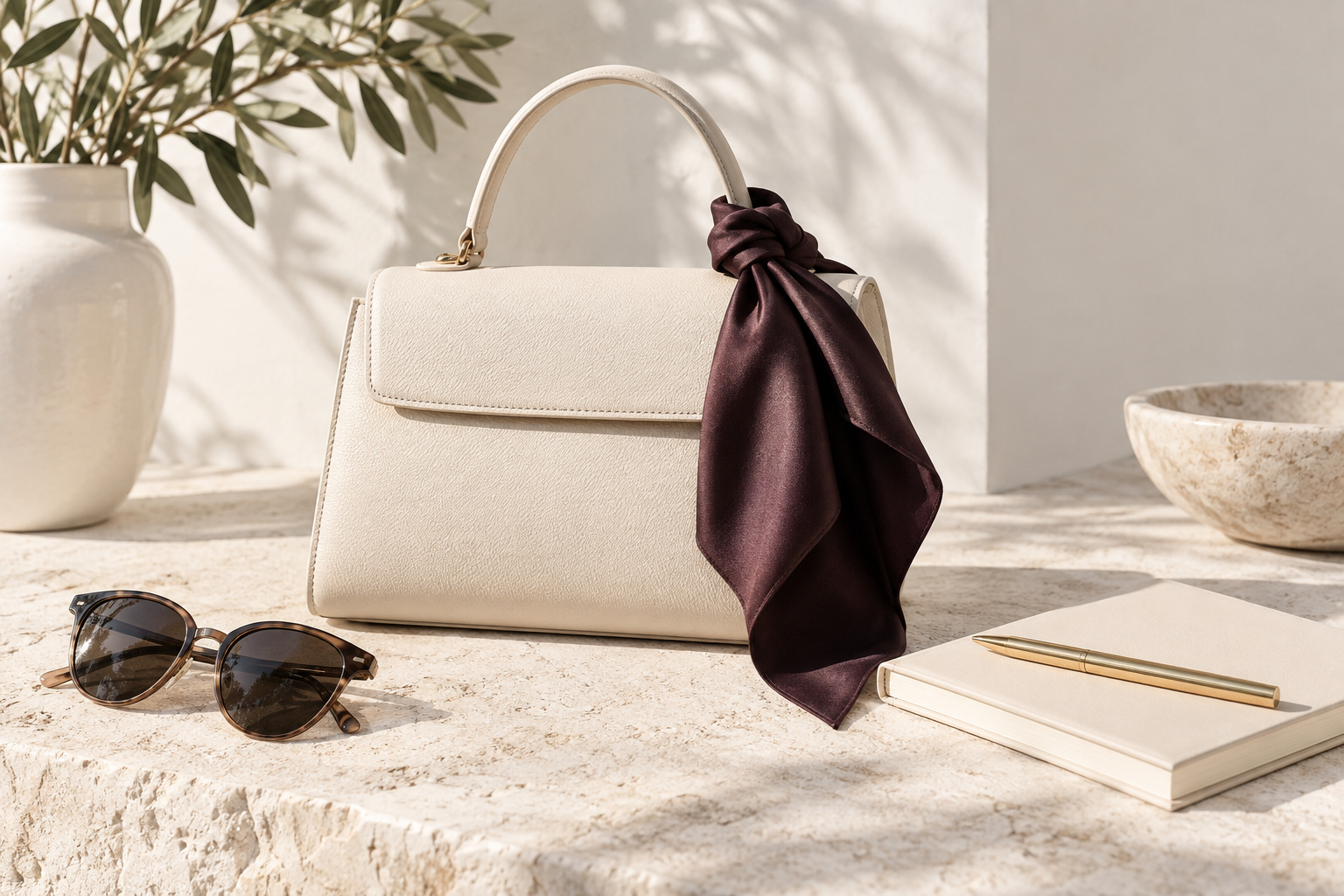 Cream handbag with a deep fig scarf