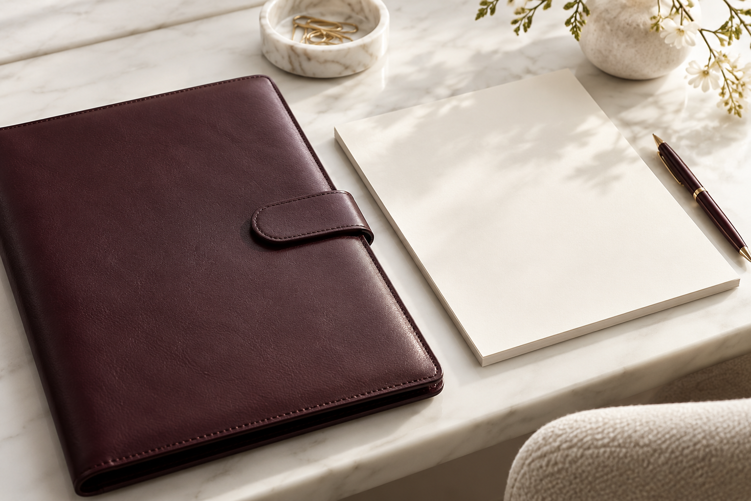 Deep fig folio and cream notepaper